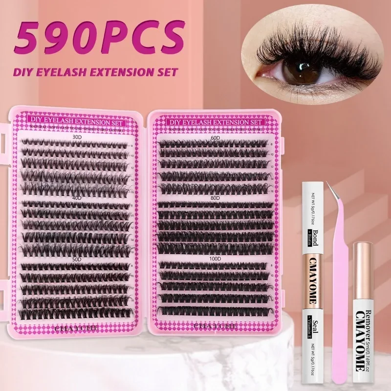 

590Pcs Eyelash Extension Kit 30/40/50/60/80/100D Lash Clusters D Curl Individual Lashes Kit Mixed with Bond and Seal Tweezers