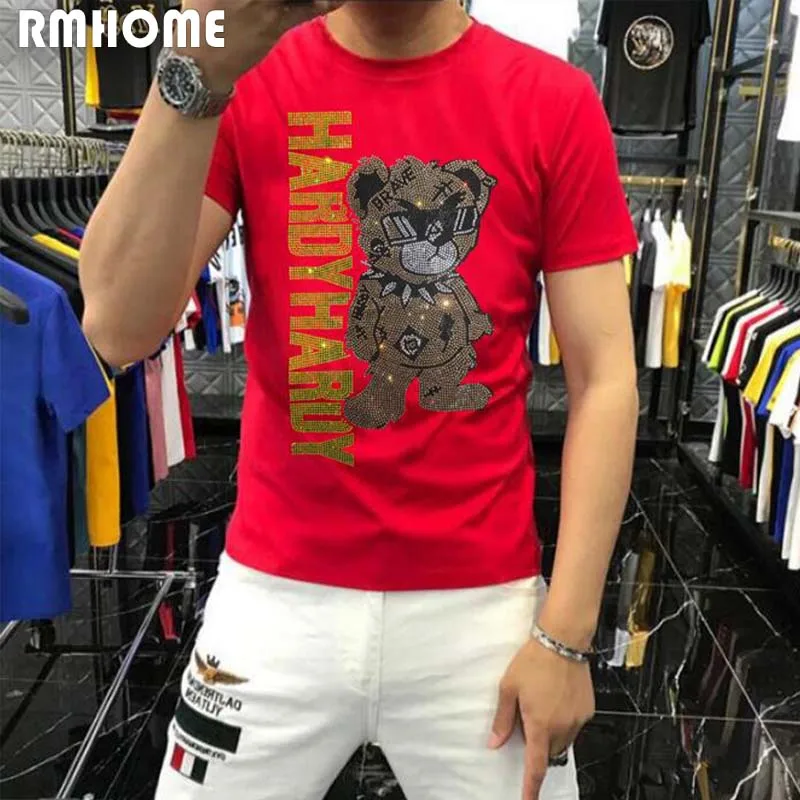 Men\'s Rhinestone T-shirt Trendy Bear Pattern Design Cotton Male Short Sleeves Tees Summer Homme Tops Casual Streetwear Clothing