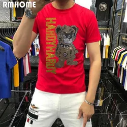 Men's Rhinestone T-shirt Trendy Bear Pattern Design Cotton Male Short Sleeves Tees Summer Homme Tops Casual Streetwear Clothing