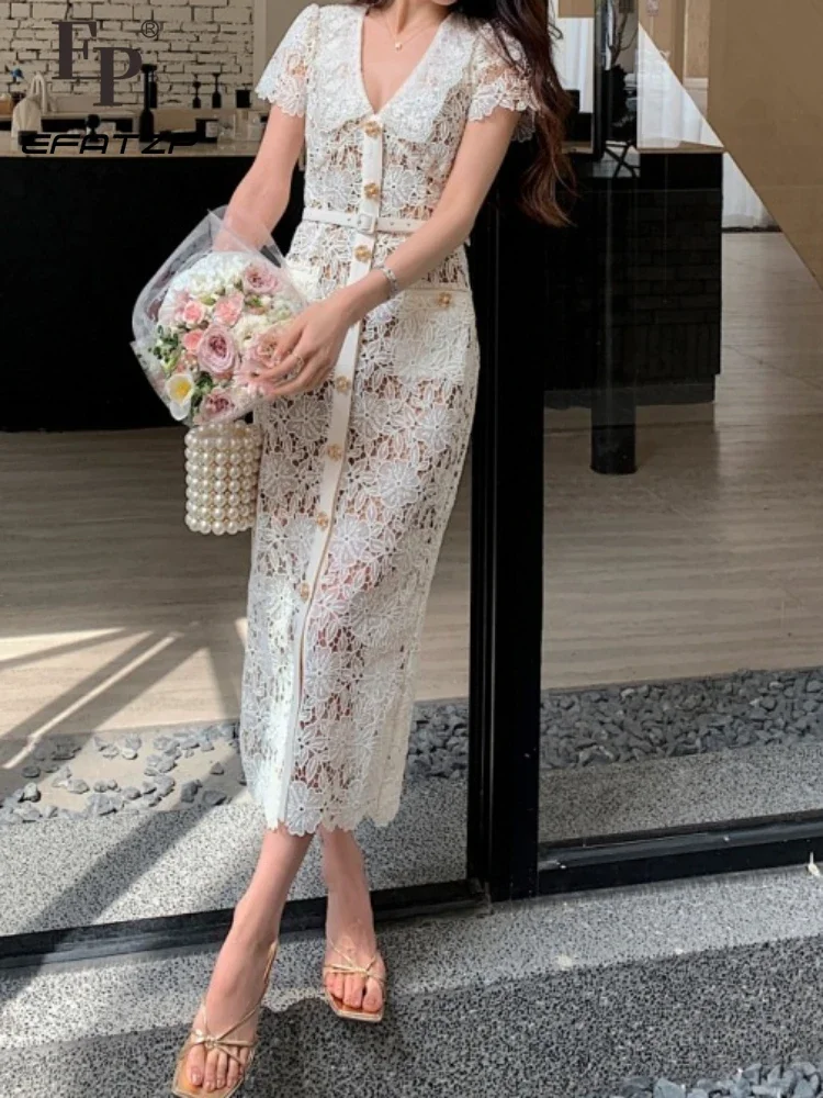 

Pencil Long Dress Ivory White Temperament Lapel Waist Dress High Sense Water Soluble Lace 2024