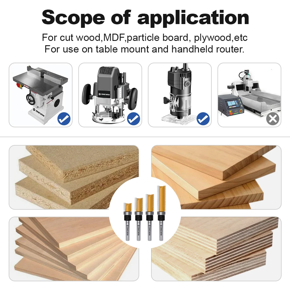 ONEVAN Pattern Flush Trim Router Bit 6/6.35mm, Top Bearing Template Milling Cutter for Wood Woodworking Straight End Mill Blade