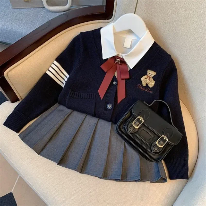 

Girls Sweater Cardigan Suit 2026 New Children's JK College Uniform Suit White Shirt Short Skirt Coat Teenage Three-piece Set