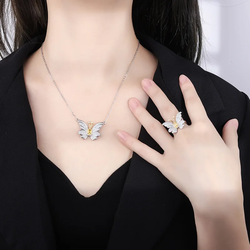 Micro Pave Clavicle Chain Yellow Crystal Zircon Butterfly Earrings Yellow Diamond Butterfly Diamond Necklace Wholesale Gold Plat