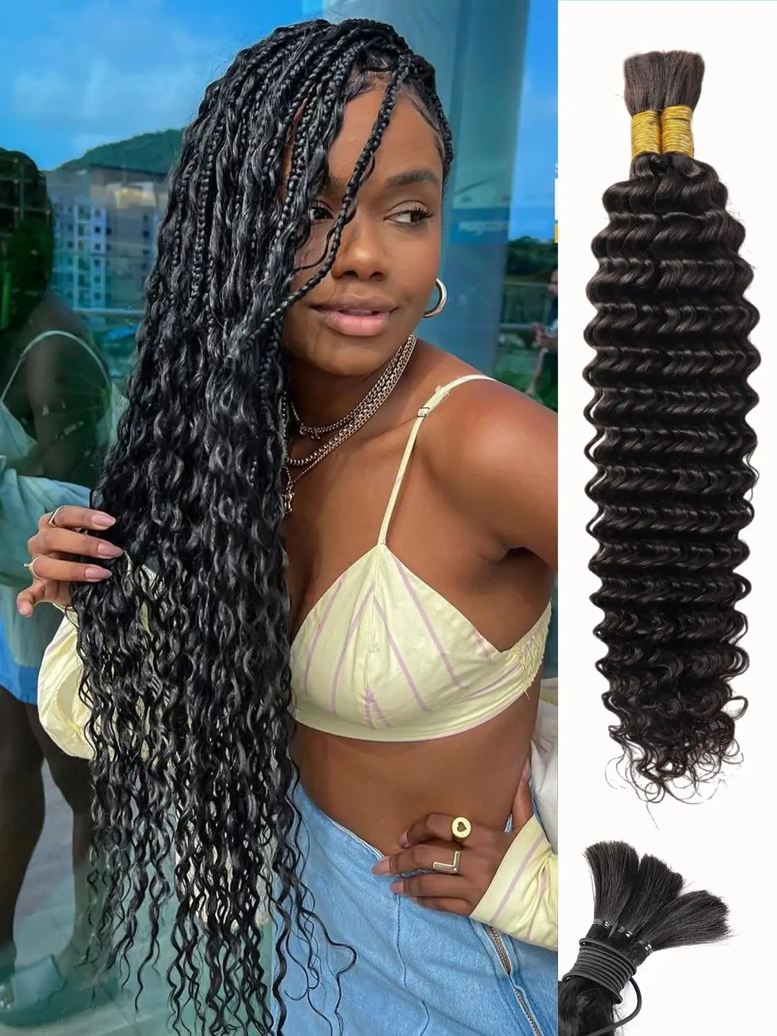 

Human Braiding Hair Boho Braids Human Hair 50g Deep Water Wave Bulk Human Hair for Braiding No Weft Bundle 12A Brazilian Virgin