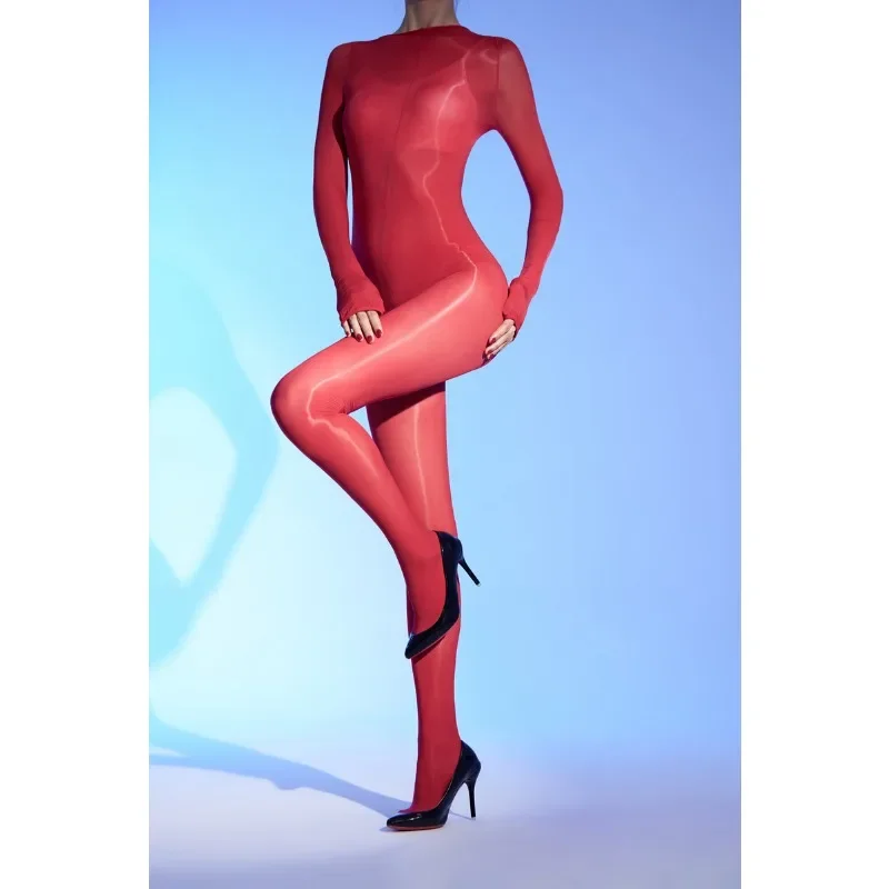 Öl Glänzende Voll Mesh Bodys Frauen Sexy Transparente Körper Strümpfe Langarm Overalls Strumpfhosen Damen Sheer Erotische Dessous