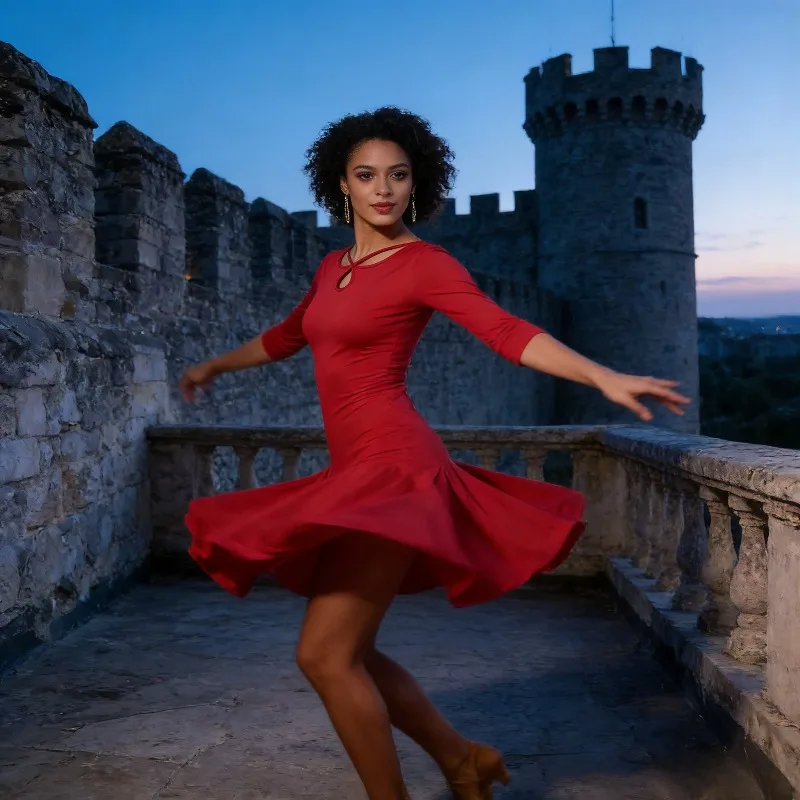 

Latin Dance Dress, Female Adult, Water Droplet Neckline, Ballroom Dance, Square Dance, Daily Practice, Performance Dance Costume