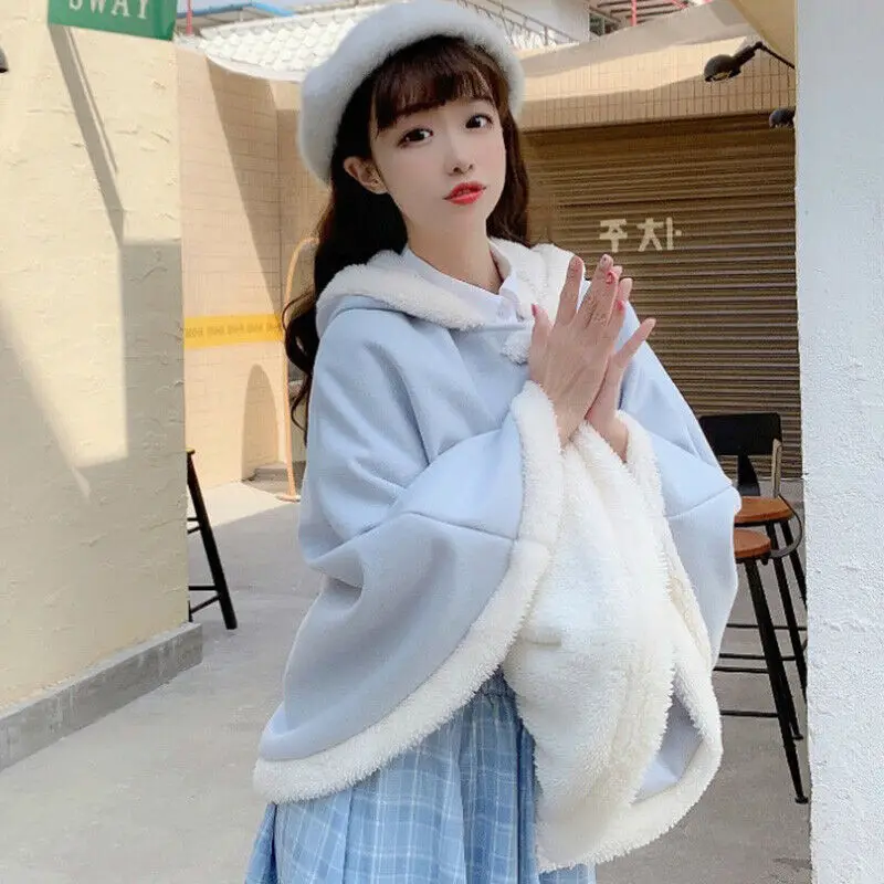 Women Cute Kawaii Lolita Cloak Sherpa Fleeced Cape Warm Poncho Hoodie Coat Japanese Girl Plus Velvet Thick Outwear Cloak Shawl