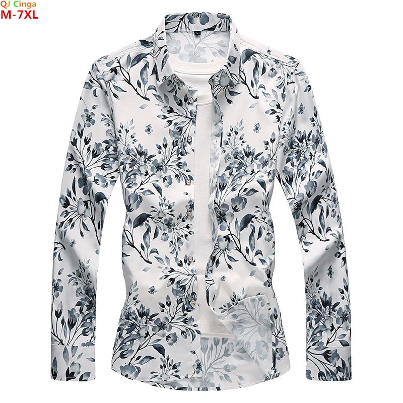 Small Stretch Long Sleeve Printed Shirts Men\'s Fashion Casual Flower Shirt Single Breasted Square Collar Tops Camisa Chemise 7XL