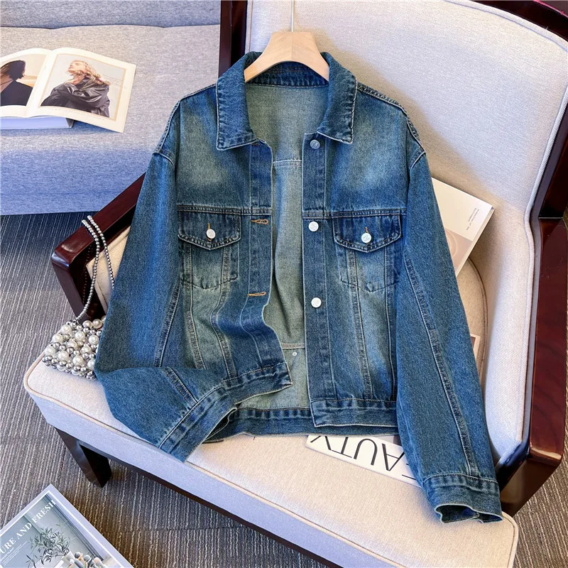 

Spring Autumn New Women Vintage Washed Blue Short Denim Jacket Loose Casual Turndown Collar Long Sleeve Female Cowboy Outerwear