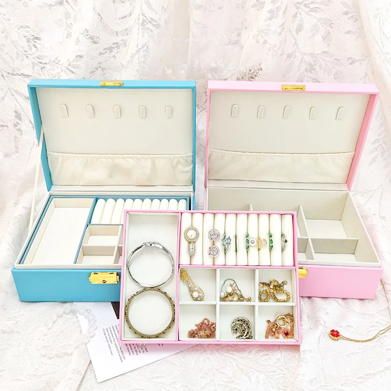

Portable Jewelry Storing Box Double Layer With Lock Jewelry Box Storing High-end Earrings Necklaces And Rings With Mirrors