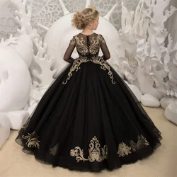 Flower Girl Dresses Birthday Luxury Black Gold Appliques For First Communion Wedding 2023 Princess Ball Gown Pageant