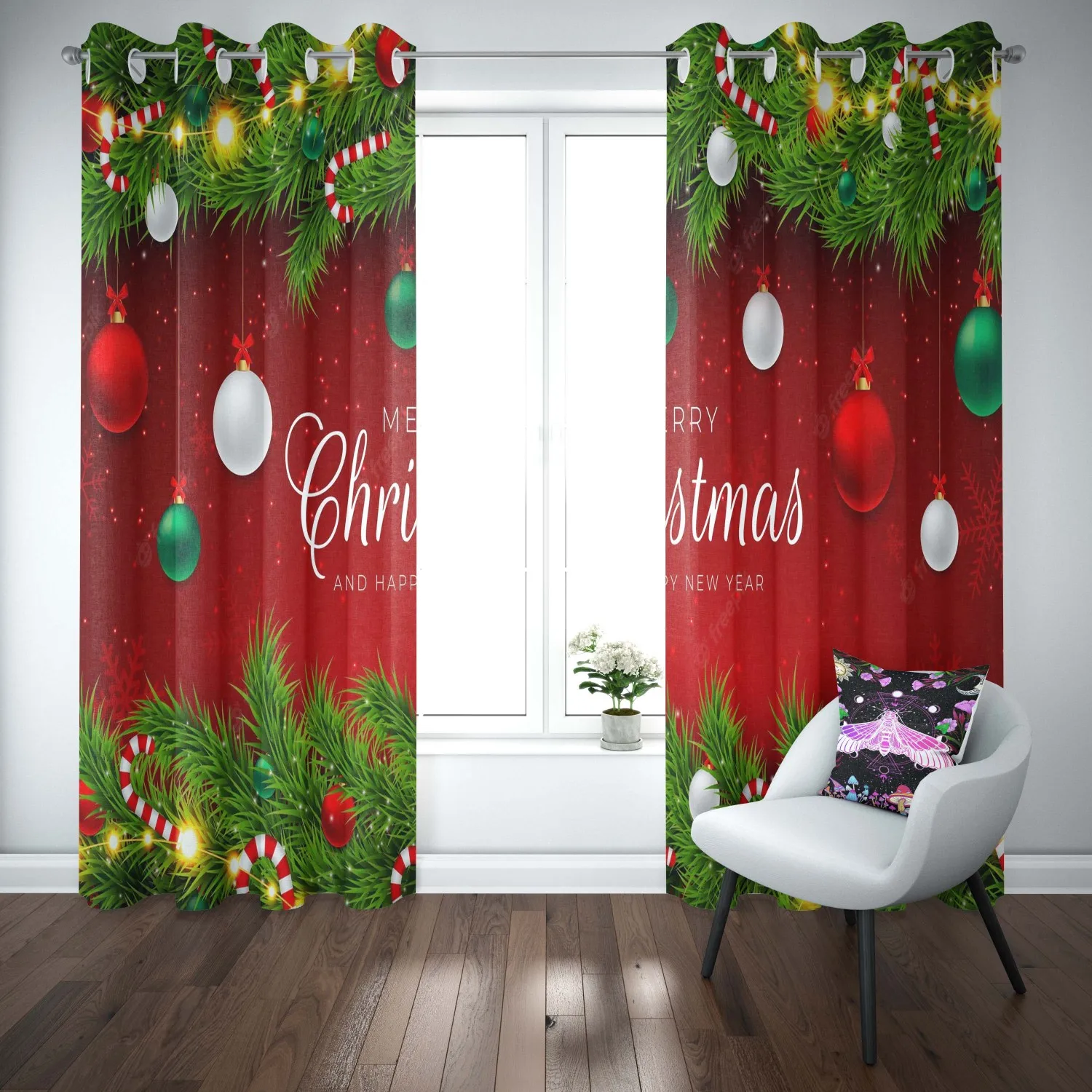 Cartoon Christmas Happy New Year Red Green Window Curtains Drapes for Kids Bedroom Living Room Kitchen Door Home Decor 2Pieces