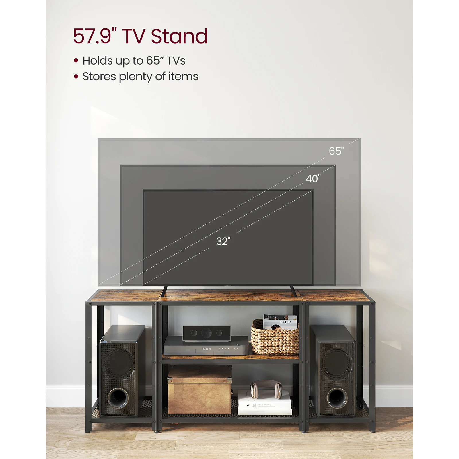 VASAGLE TV Stand for 65 Inches TVs, Industrial Entertainment Unit, Vintage TV Console with Open Storage Shelves