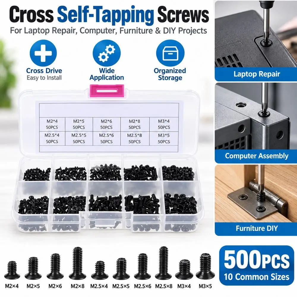500Pcs New Metal Cross Self-Tapping Screws Black M2 M2.5 M3 Laptop Screws Round Head Round Head Screws Laptop Repair
