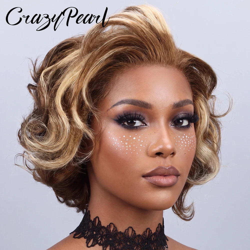 Парик P4/27 Highlight Pixie Cut из натуральных волос, короткий, кудрявый, коричнево-русый градиент, с кружевной передней частью, предварительно выщипанный, с осветленными узлами, естественный вид