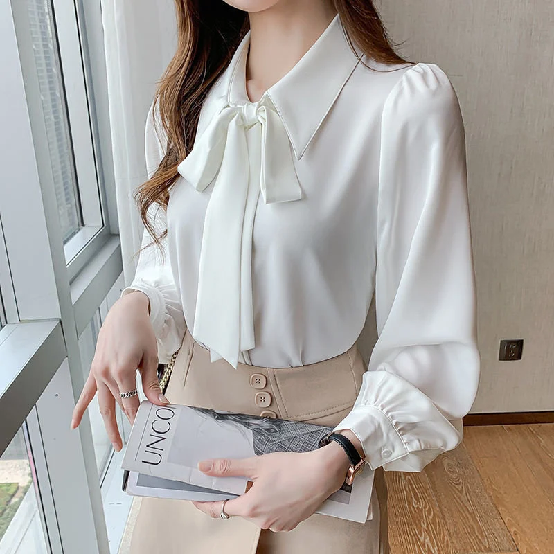 White Elegant Chic Bow Work Wear Korean Fashion Blouse Top Women Spring Autumn Lapel Long Sleeve Button Up Shirt Chemisier Femme