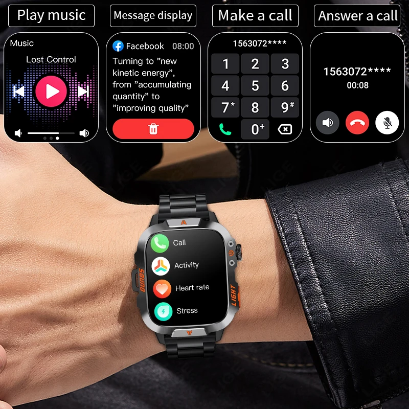 Reloj inteligente LIGE, pantalla de alta definición de 1,96 pulgadas, reloj inteligente para hombres, linterna LED, resistente al agua, frecuencia cardíaca, 100 + modos deportivos, relojes inteligentes