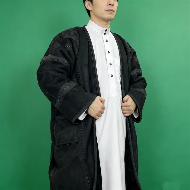 Winter Thick Warm Faux Fur Jubba Thobe Saudi Arab Robe Bisht Men Muslim Kimono Cardigan Long Coat Abaya Dishdasha Islam Clothing