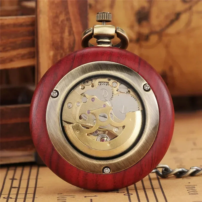 Bronze Retro Pocket Watch Unisex Skeleton Automatic Mechanical Watches Roman Number Dial Pendant FOB Clock Chain Reloj Gift