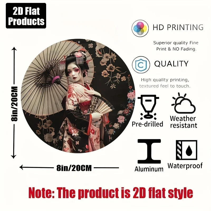 مسطح ثنائي الأبعاد - قطعة واحدة من الكيمونو الياباني العتيق للنساء من الألومنيوم - لافتة معدنية مستديرة مقاس 8 × 8 بوصة مع مظلة سوداء وزهور وردية، Tr