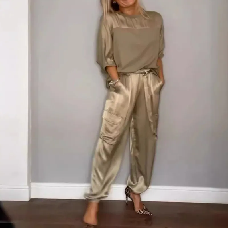 

Fashion Satin Two Piece Sets Solid Smooth 2024 Spring Summer Women's O-neck Half Sleeved Top & Long Pants Casual Loose Outfits