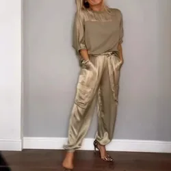 Fashion Satin Two Piece Sets Solid Smooth 2024 Spring Summer Women's O-neck Half Sleeved Top & Long Pants Casual Loose Outfits