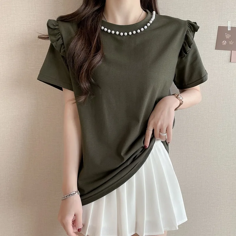 

T-shirt Women Design Ruffles Pearls Beading Elegant Solid O-neck Short Sleeve Cotton Tops New 2023 Summer