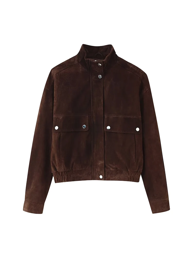 سترة نسائية جديدة على الطراز الأوروبي عصرية ومتعددة الاستخدامات من جلد الغزال بلون سادة مع تفاصيل الجيب. #1