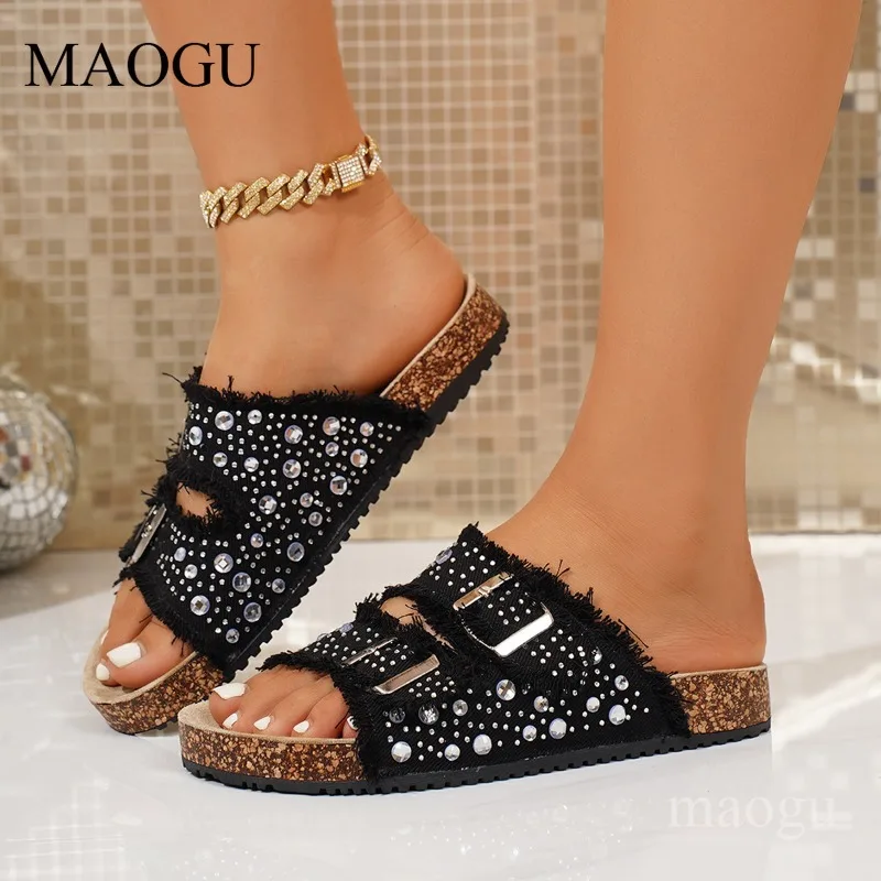 Women Fringe Denim Slide Sandals Rhinestone Flat Slippers Ladies Casual Footwear Zapatos De Mujer Size 36-43 Sapato Feminino