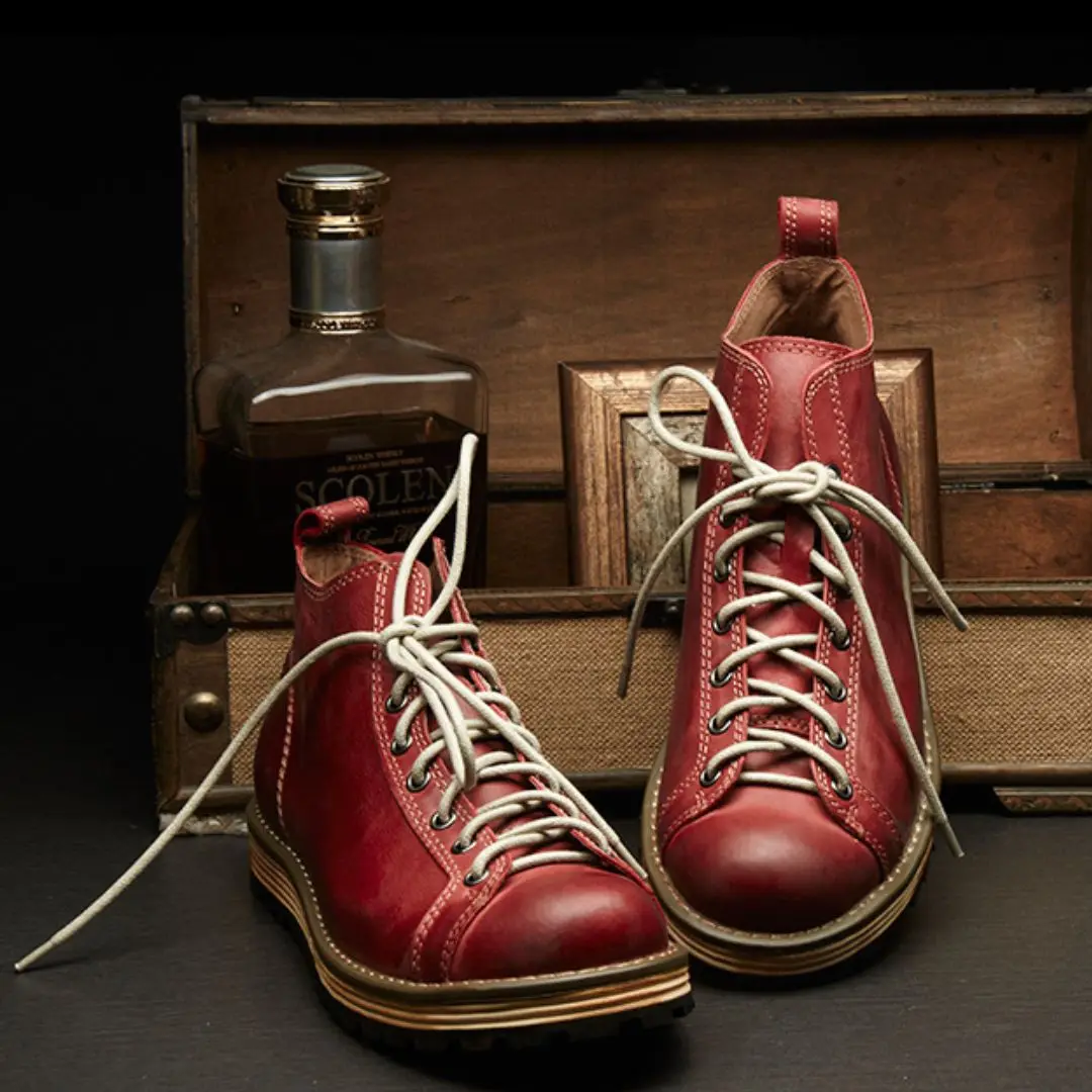 

Luxury Brand Men's Retro Genuine Leather Big-head Shoes High Top Lace Up Work Boots Thick-soled Men Short Western Boots