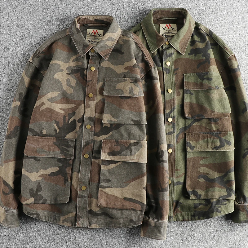 Khaki retro trend wash to do old camouflage cargo shirt men three-dimensional pocket design shirt jacket