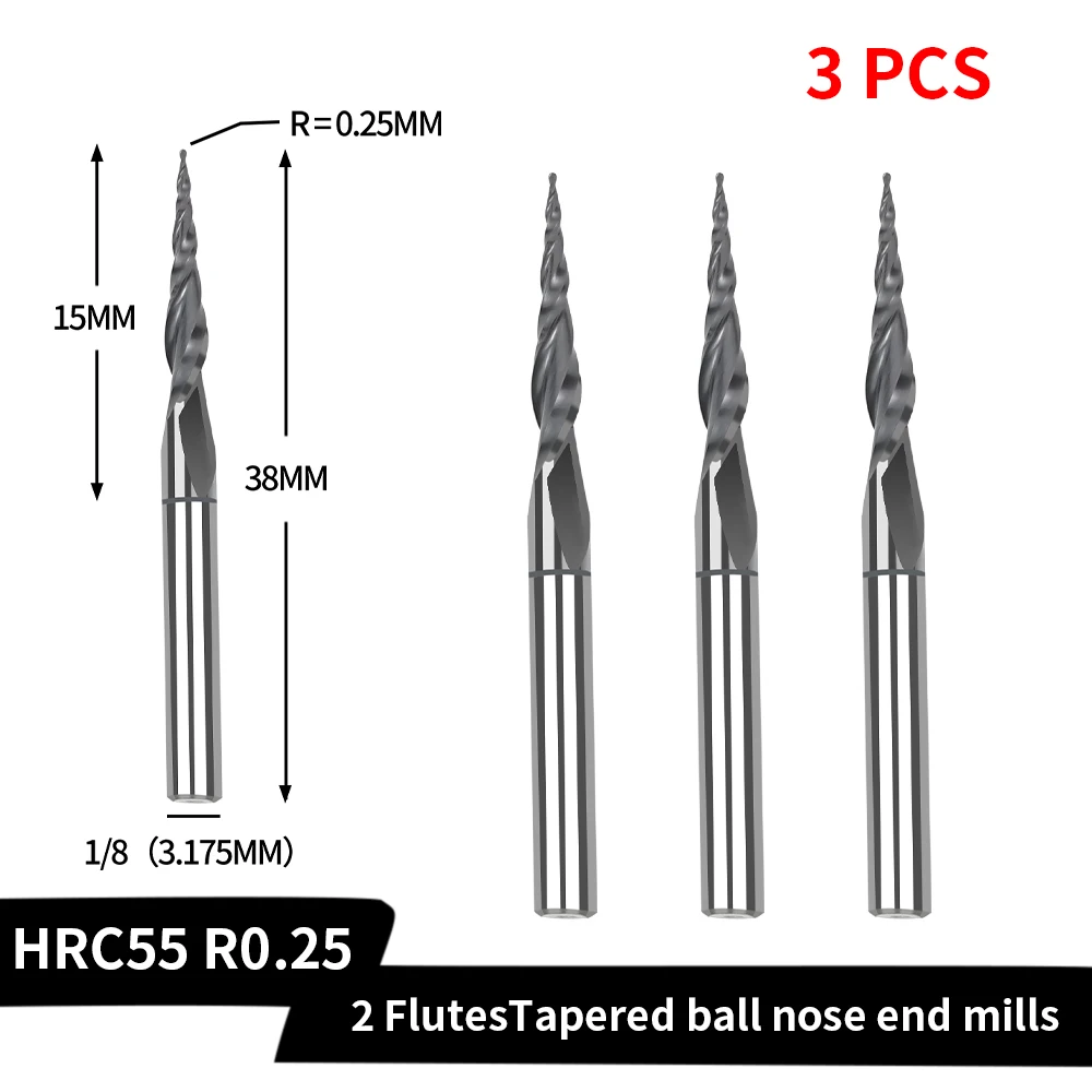 3PCS D3.175x38x5.09 HRC55 2Flute Tungsten solid carbide Tapered Ball Nose End Mills Wood working CNC 3D Carving Bits Milling cut