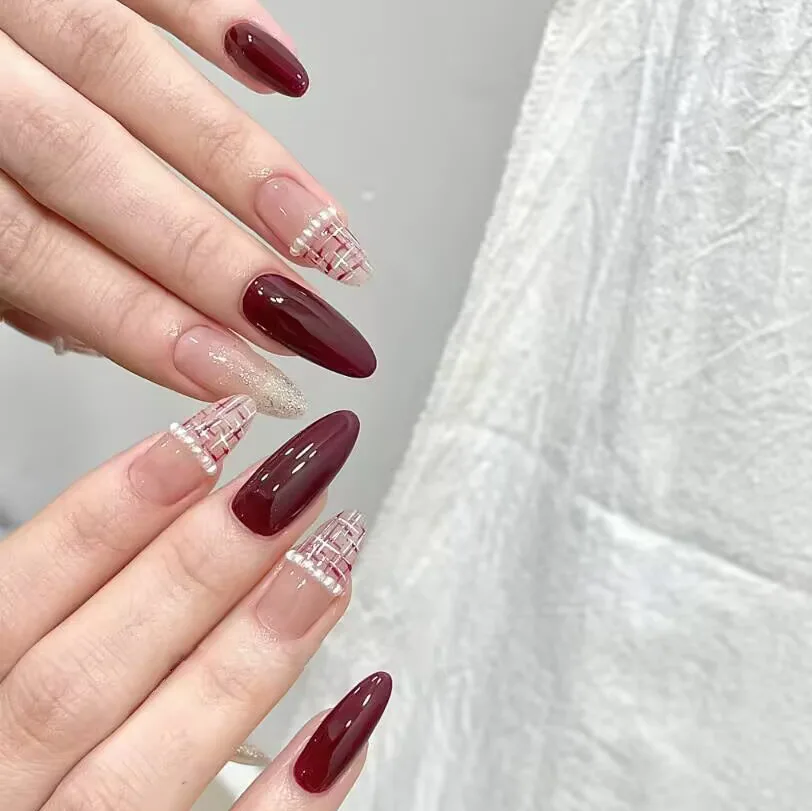 

24PCS Retro Wine Red Almond Press on Nails Light Luxury Plaid with Pearl Decor French Fake Nails for Women Sweet False Nail Tips