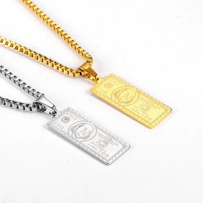 Creative U.S. Dollar Pattern Hip Hop Rock Trend Men\'s Necklace Personality Million Dollar Bill Pendant Punk Fashion Jewelry Gift