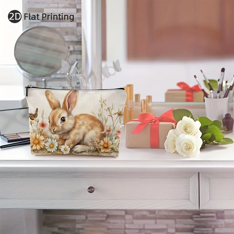 Bolsa de maquiagem com estampa floral e coelho encantador – bolsa multifuncional com zíper, bolsa de armazenamento de joias, zíper de viagem perfeito pequeno sto
