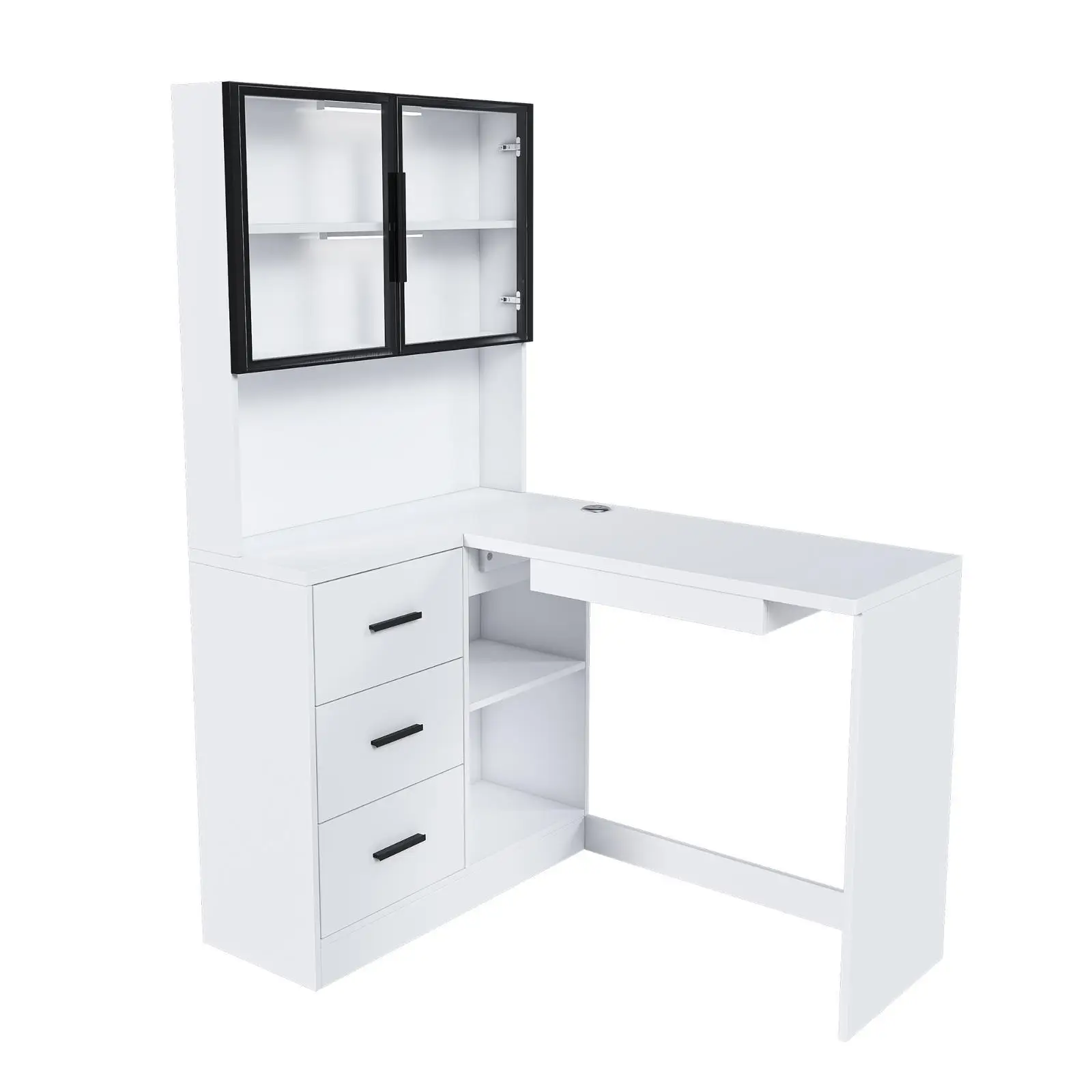 Computer Desk with Glass Cabinets & Built-In LED Lights, Corner L-Shaped