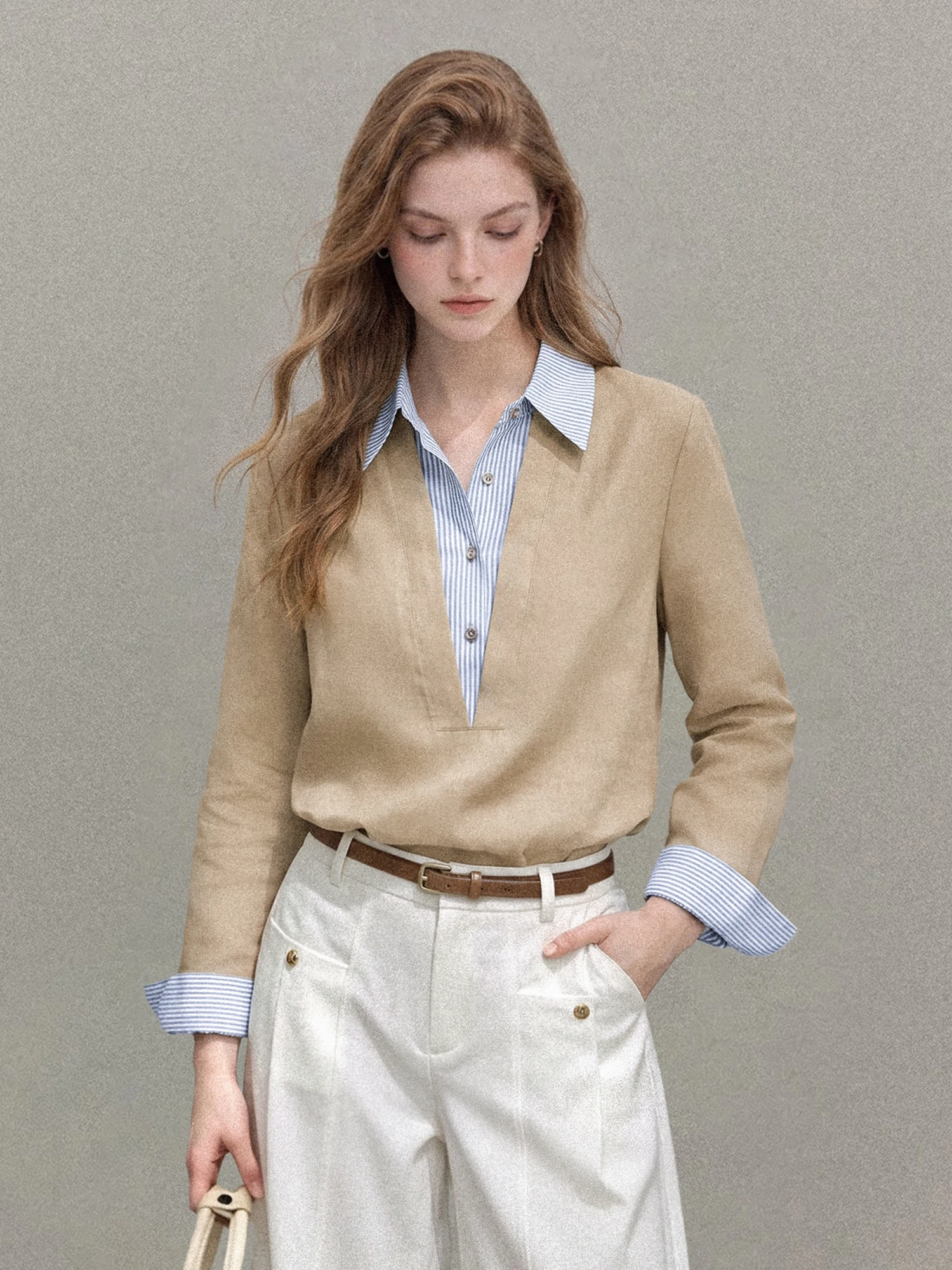 Slimming Effect Loose Fit Long Sleeve  Neck Striped Shirt for Women Early Autumn Commute Style Korean Fashion Casual Top