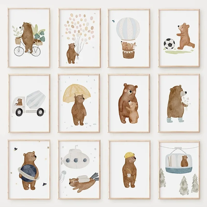 （2D Canvas painting） Cute Bear Modern Cartoon Children's Poster Animal Personification Canvas Painting Wall Art for Nursery K