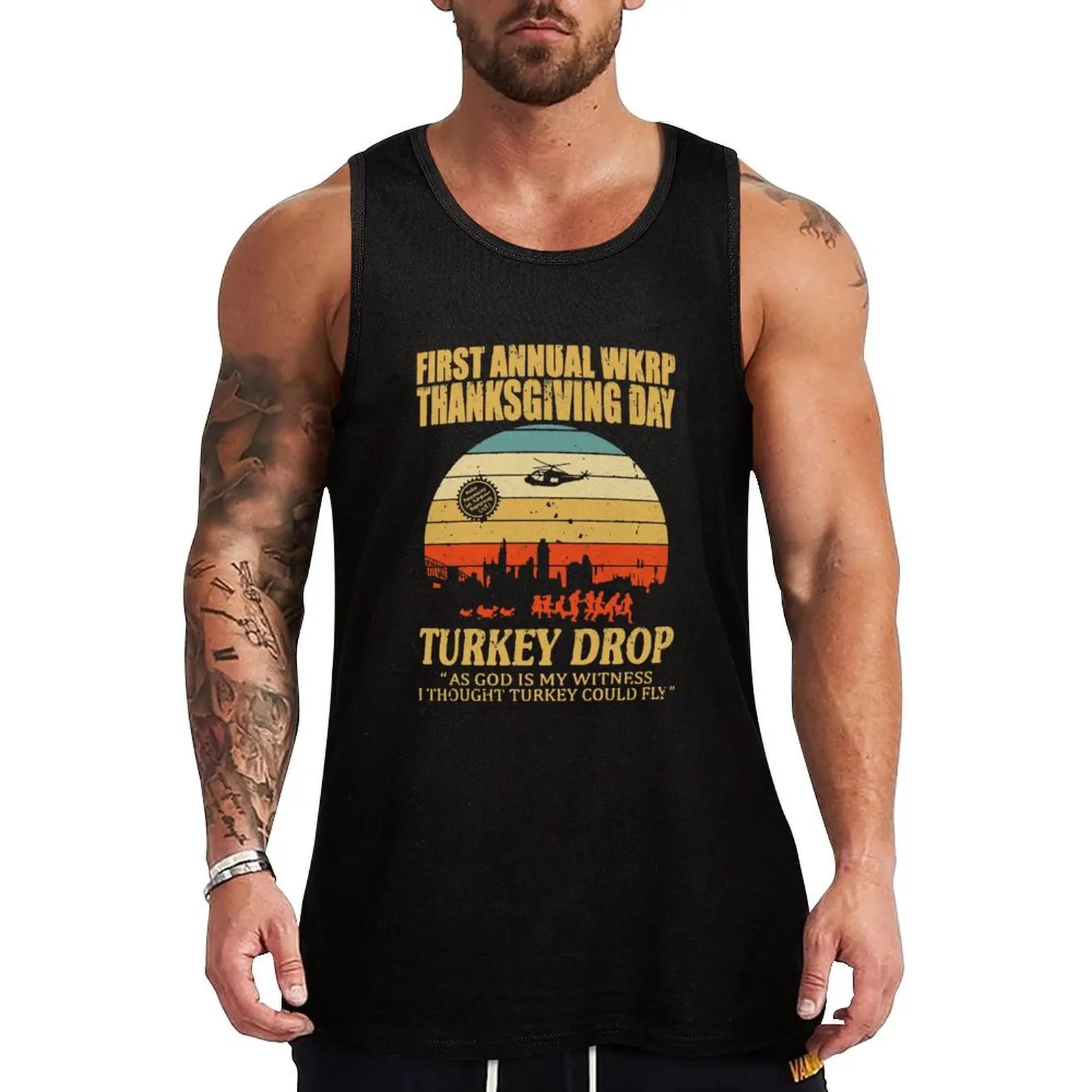 First anuual WKRP Turkey Drop with Les Nessman Distressed Tank Top sleeveless shirt man gym sleeveless shirts