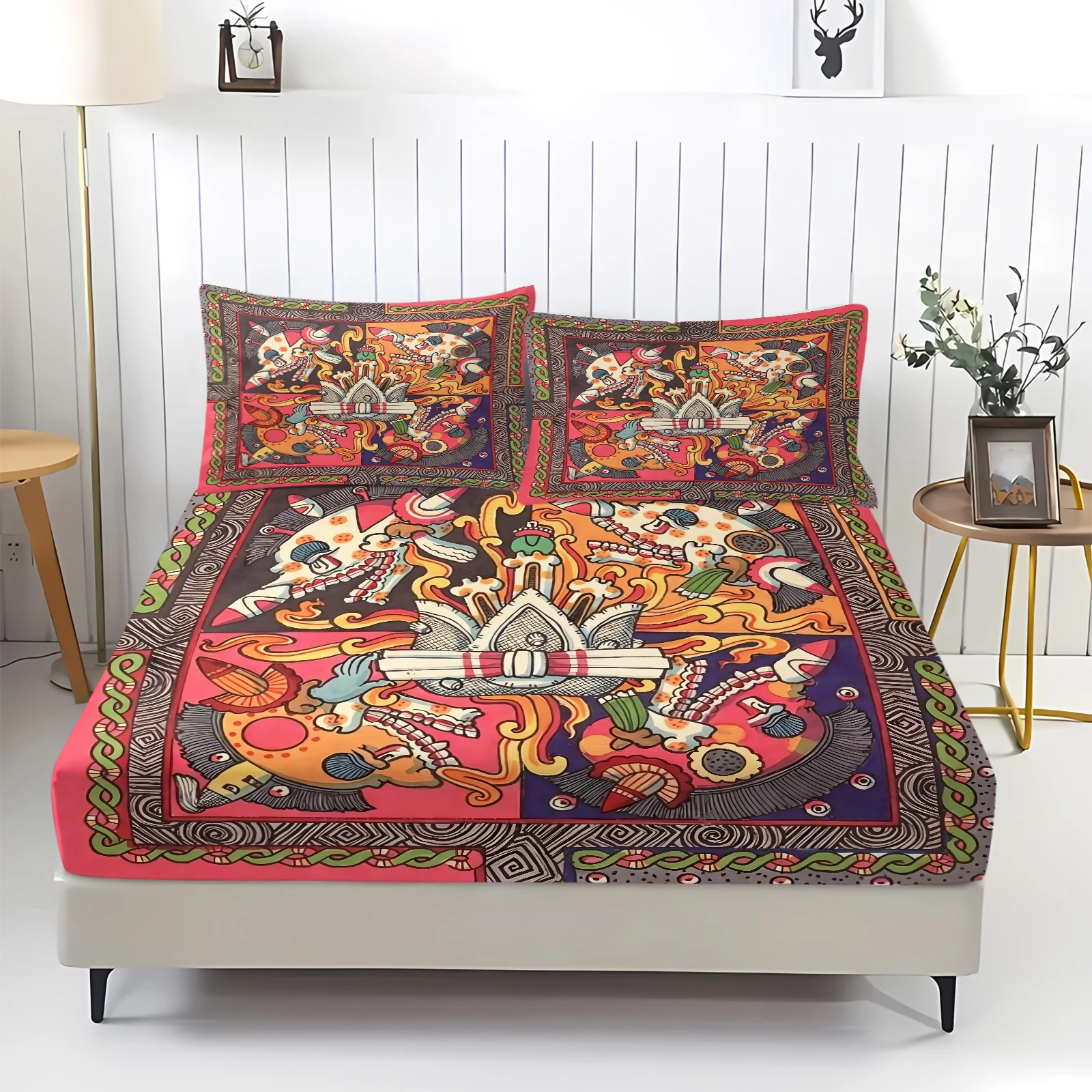 Boho Ethnic Tribal Graffiti Skull Printed Fitted Sheet Set 3Pcs Elastic Deep Pocket Mattress Cover Non Slip Stretch Bed Sheets