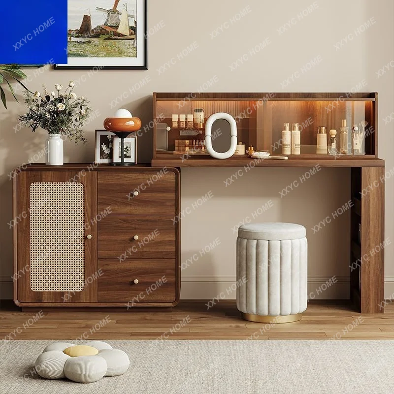 

ML Medieval style rattan solid wood frame dresser, chest of drawers integrated master bedroom retractable makeup desk