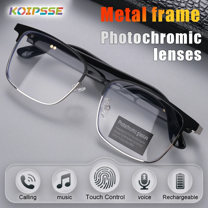 Koipsse Smart Glasses Metal Frame Color-Changing Lenses Multi-Function Wireless Bluetooth Headset Call Dual Touch Men and Women