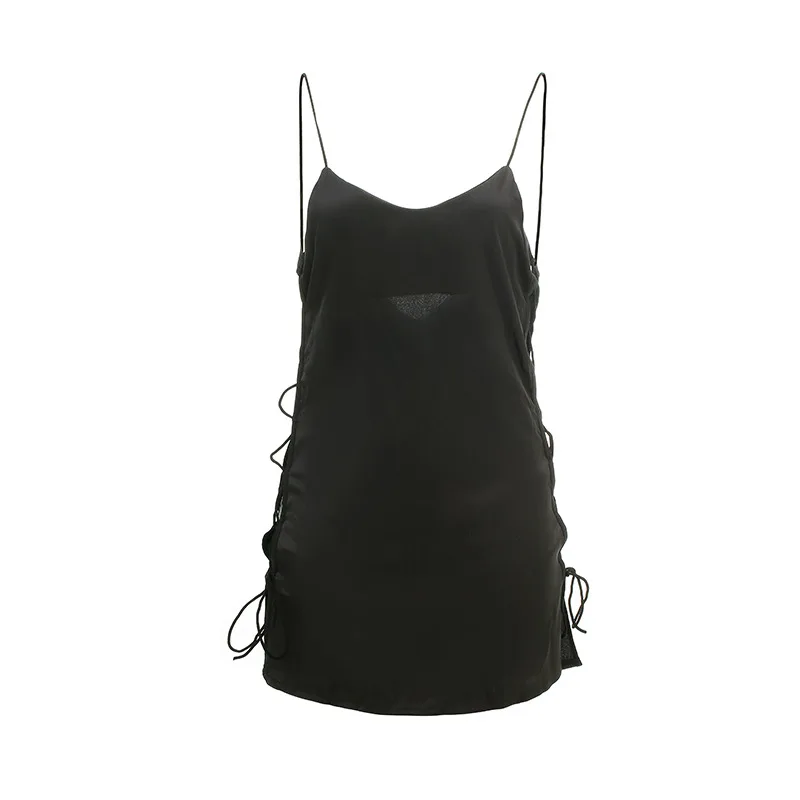 

Off Shoulder Halter Silk Nightgown Mini Dress Summer Silky Night Shirt Sexy Women Outfit Cutout Lace-Up Pajamas ShortDress Home