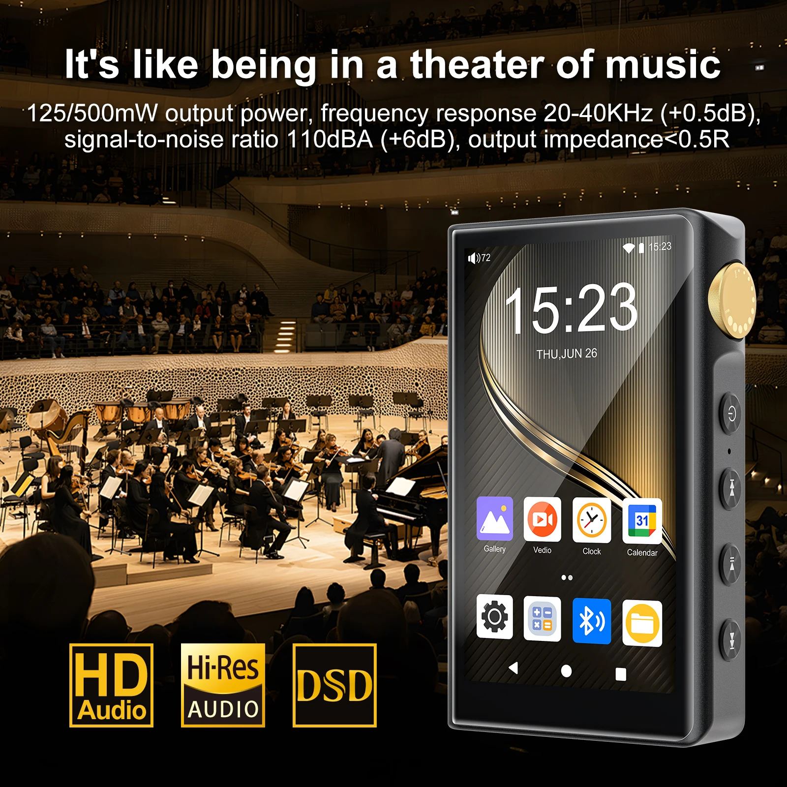 96GB HiFi Lossless Music Player Android 12 Bluetooth WiFi DSD High-Resolution Audio Player Up To 512GB Expandable