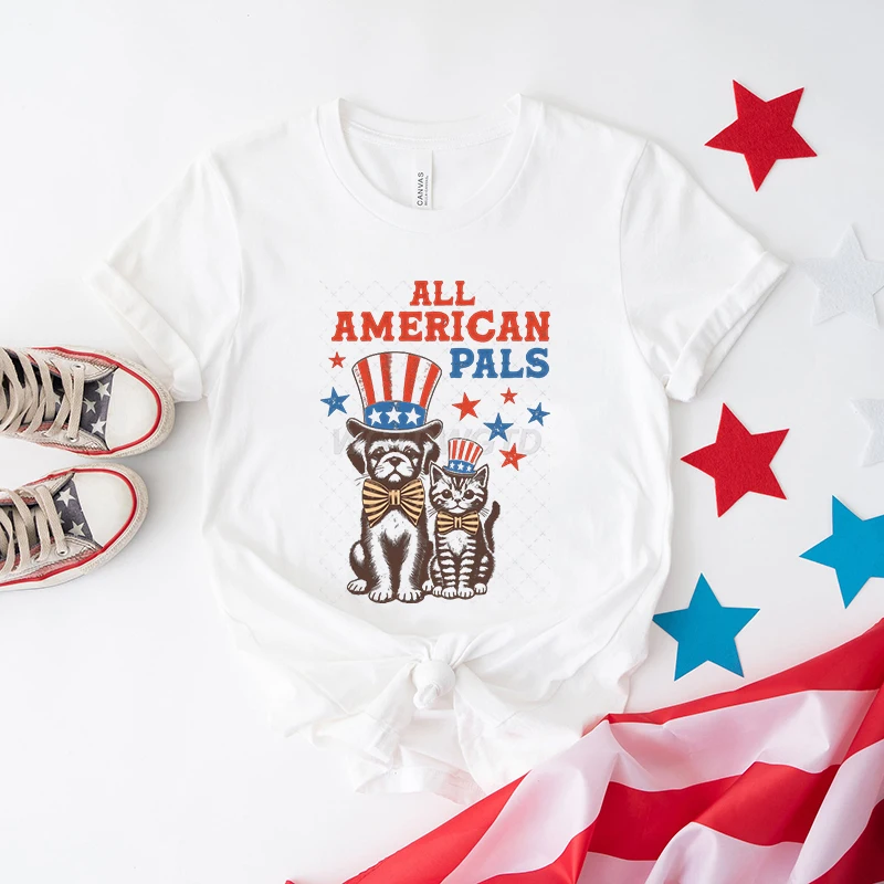 

Women's Men's T-shirts USA Flag Fashion Summer Clothes 4th of July Classic Tops Funny Dog and Cat Graphic Print Vintage T Shirts