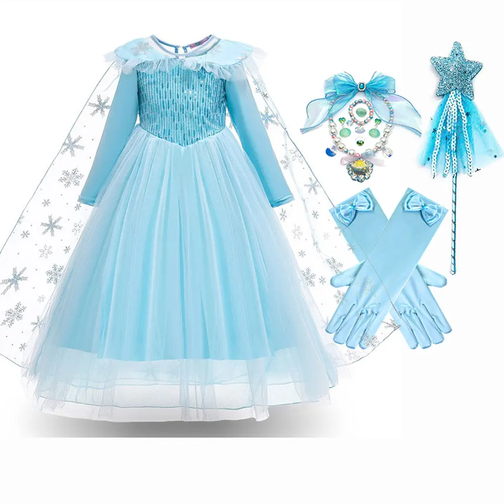 Frozen Girls Elsa Cosplay Long Sleeves Dress Fancy Costume Girl Snow Queen Halloween Birthday Party Children Princess Clothes