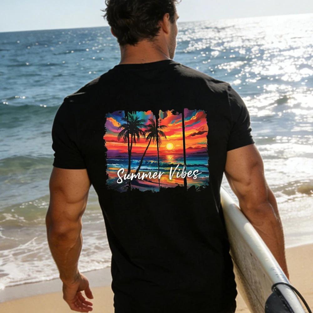 Summer Vibes T-Shirt Women Watercolor Sunset Palm Tree Graphic Tees Casual Short Sleeve Cotton Tops Summer Beach Vacation Shirts