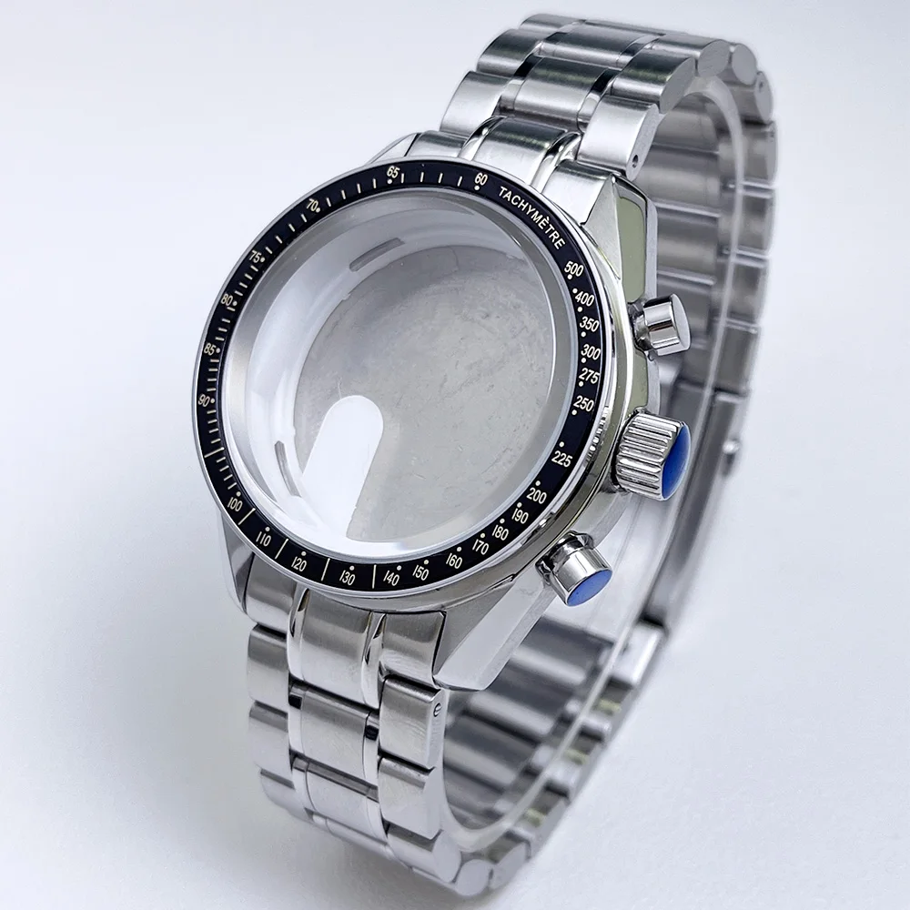 Das 39,7mm VK63 Uhrengehäuse ist Silber-Weiß und Blau-Schwarz, mit silberbeschichtetem Glas und VK63 Quarz-Chronograph-Armband. – Detail 5