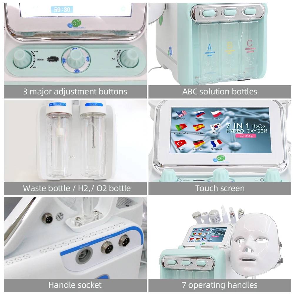 Multi-function 7in1 H2O2 Water Oxygen Facial Beauty Machine with Mask  Face Lifting Dermabrasion Device Skin Scrubber Facial Spa