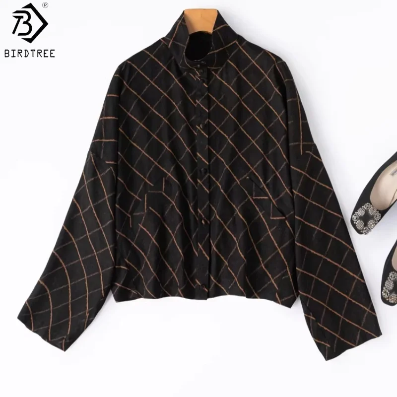 

Birdtree, 40MM 100% Real Silk Plaid Coat, Women Gambiered Canton Gauze Jacket, Batwing Sleeve Cardigan, 2026 Spring New T63008JF